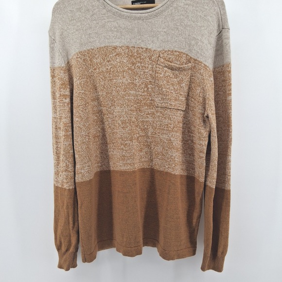 Commerce Mens Large Sweater Tan Brown Colorblock Crewneck Cotton Linen Blend - Picture 3 of 12
